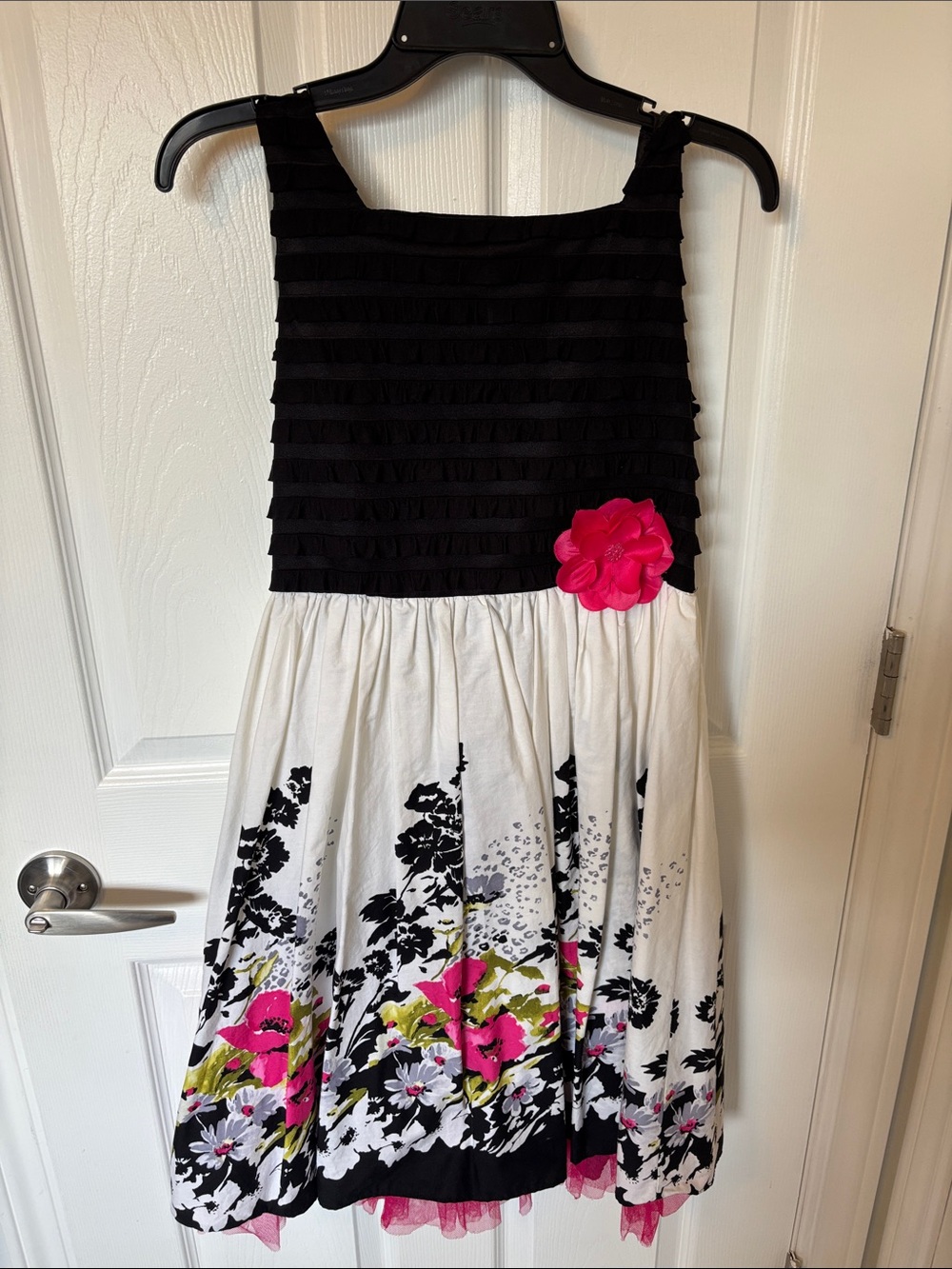 Girls Black and White Floral Party Dress with Pink Flower Accent